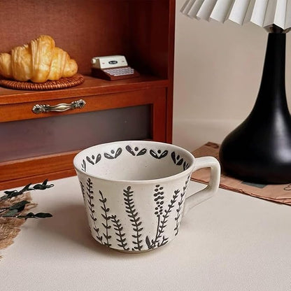 4 Pack 12oz Speckled Stoneware Coffee Mugs, Vintage Black Seaweed Botanical Ceramic Tea Cups, Rustic Hand Drawn Floral Drinking Mugs, Microwave Dishwasher Safe, Gift Set for Coffee Lovers