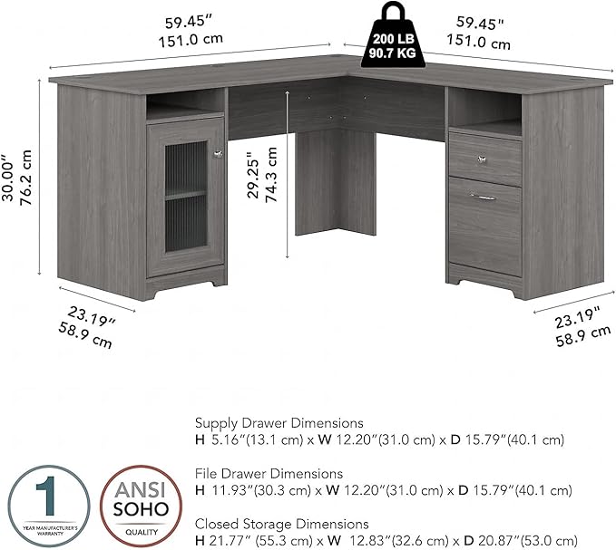 Bush Furniture Cabot L Shaped Computer Desk in Modern Gray | Corner Table with Drawers and Storage for Personal Home Office Workspace
