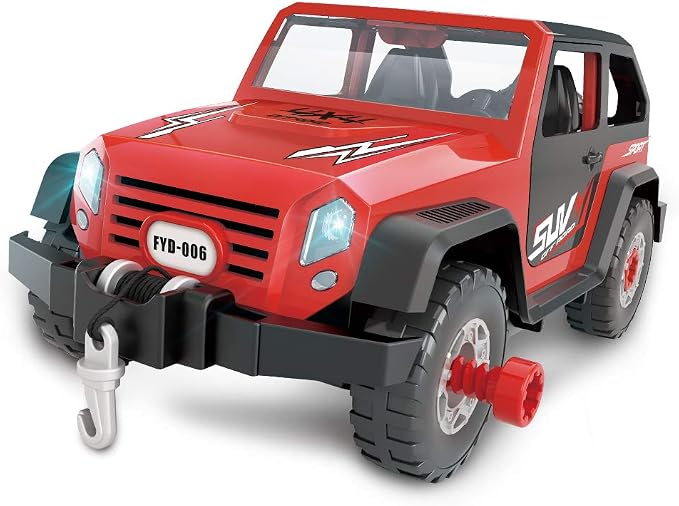 FYD 2in1 Take Apart Jeep Car STEM Learning Assembly Playset with Functional Battery-Powered Drill - Early Childhood Developmental Skills Construction Toy for Boys Kids Aged 3 and up