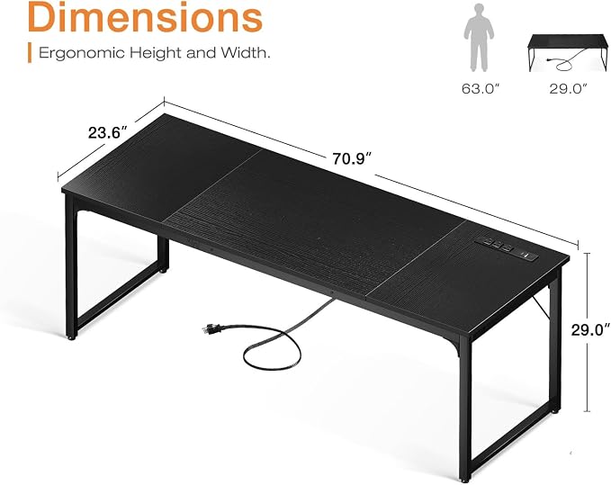 Coleshome 71 Inch Computer Desk with USB Ports, Large Office Desk, Long Study Student Writing Desk, Black | Extra-long workspace • Fits dual monitors • Stable steel frame • Spacious legroom • Home office & gaming