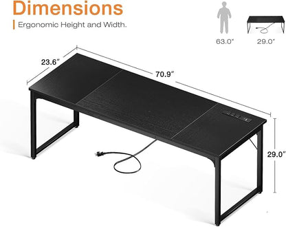 Coleshome 71 Inch Computer Desk with USB Ports, Large Office Desk, Long Study Student Writing Desk, Black | Extra-long workspace • Fits dual monitors • Stable steel frame • Spacious legroom • Home office & gaming