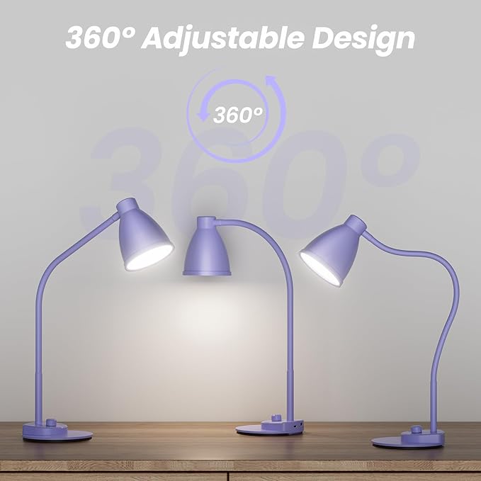 BOHON LED Desk Lamp with USB Charging Port, 3 Color Modes Fully Dimmable Reading Lamp, Auto Dimming Task Lamp, Flexible Gooseneck Table Light for Office Dorm Bedside, Adapter Include, Lilac Purple