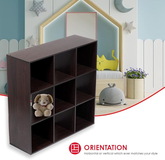 Home Basics 9-Cube Storage Organizer with 11" Shelf Opening Espresso MDF Bookcase and Display Shelf | Open and Closed Back Combination | Horizontal or Vertical Orientation
