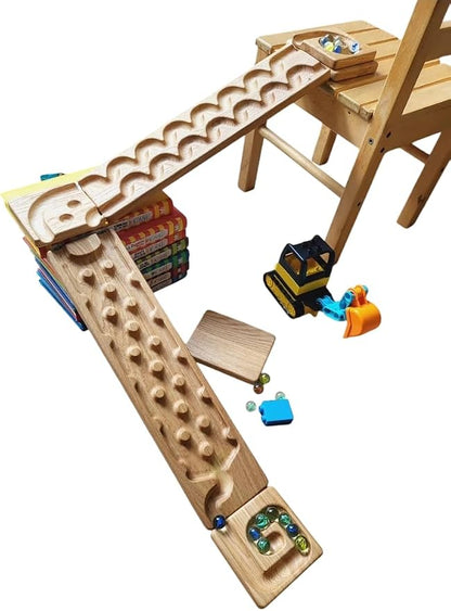 Wooden Marble Run Track Set of 2 Wind+Rocks Race Set Wooden Maze Board Ball Run Montessori STEM Toy Gift for Kids Wave Course Winding Roller Track Game (Wind+Rocks)