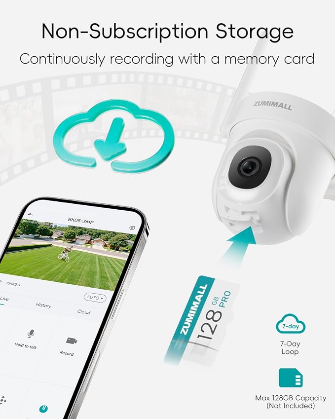 ZUMIMALL 2K 3MP Wired Camera for Home Security, 2.4G/5G WiFi Security Camera Outdoor, 24/7 Recording, AI Motion Detection, Cloud & SD Card Storage, 2-Way Audio, 360° PTZ Auto Tracking, Work with Alexa