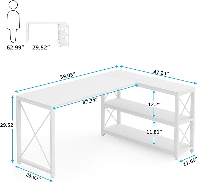 Tribesigns Reversible Industrial L-Shaped Desk with Storage Shelves, Corner Computer Desk PC Laptop Study Table Workstation for Home Office Small Space (White, 59")