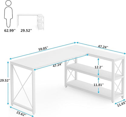 Tribesigns Reversible Industrial L-Shaped Desk with Storage Shelves, Corner Computer Desk PC Laptop Study Table Workstation for Home Office Small Space (White, 59")