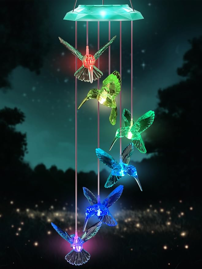 Wind Chimes,Hummingbird Solar Wind Chimes for Outside, Memorial Wind Bell for Garden/Patio Mobile Decorative Thanksgiving Gifts for Mom, Wife, Grandma Neighbors(Green 28")
