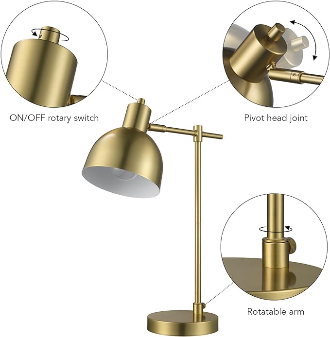 Globe Electric 61000058 18" Desk Lamp, Matte Brass Finish, Matte Black Metal Shade, Pivot Joint, On/Off Rotary Switch on Socket, E26 Base Bulb, Lamp for Living Room, Home Office