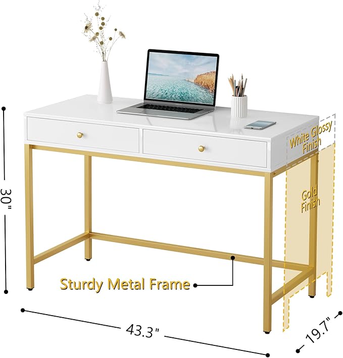 White-Vanity-Desk with 2 Drawers, White/Gold Home-Office-Desks Glossy Desktop Makeup-Vanity-Table Modern Writing Computer Standing Desk with Wood Top and Metal Frame for Home Office Bedroom Furniture