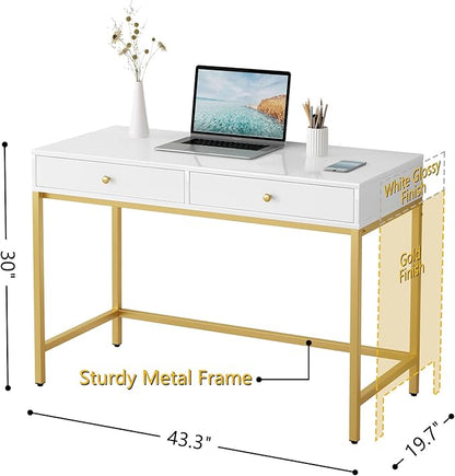 White-Vanity-Desk with 2 Drawers, White/Gold Home-Office-Desks Glossy Desktop Makeup-Vanity-Table Modern Writing Computer Standing Desk with Wood Top and Metal Frame for Home Office Bedroom Furniture