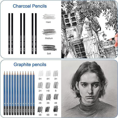 H & B 80 PCS Pro Drawing & Art Supplies Set, Sketching Kit with Watercolor, Metallic & Oil Based Colored Pencils, Charcoal Pencils & Gel Pens for Adult Artists Beginners, Includes Sketch Book & Case