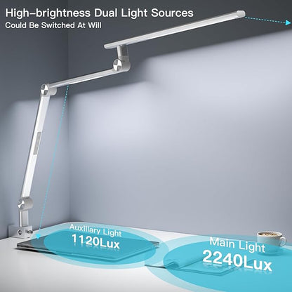 LED Desk Lamp, Desk Light for Home Office, Dual Light Source 18W Brightest, Eye-Caring Optical Lens, Task Lamp, 5 Color Modes & Brightness, Aluminum Alloy Clip on Lamp, Clamp Lamp, Silver
