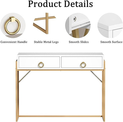 Anmytek Home Office Writing Desk 2 Drawers Storage, Contemporary Makeup Vanity Table Study Desk, W/Matte White and Gold Finish Frame D0003