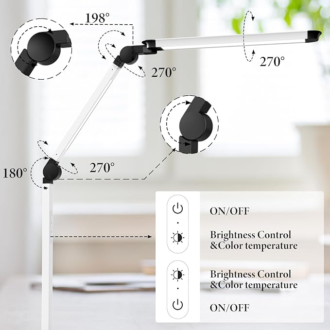 LED Desk Lamp with USB Charging Ports,Creative Touch Reading Light, with Memory Dual Light and Adjustable Swing Arm,15W 4 CCT Eye-Care Modes & 4 Brightness Levels Table Lamp for Home Office-White