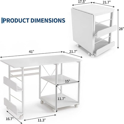 Garvee Folding Desk with Wheels, 31.5" Foldable Computer Desk with Storage Shelf, Space Saving Rolling Home Office Desk for Small Spaces, Portable Writing Table with Side Organizer, White