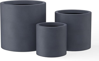 Kante 9.8",12.6",15.7" Dia Round Concrete Planter Set of 3, Modern Style Large Cylindrical Plant Pot with Drainage Hole and Rubber Plug for Indoor Outdoor Patio, Dark Gray