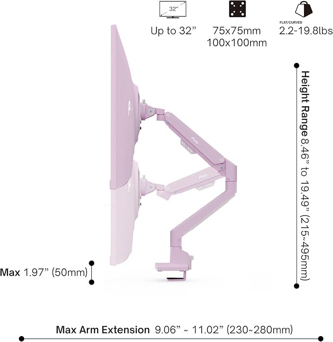 Pixio PS1S Wave Pink Single Monitor Arm Stand Desk Mount - Fits up to 32 inches Monitors and up to 19.8lbs. VESA Compatibility and Integrated Cable Management