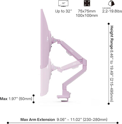 Pixio PS1S Wave Pink Single Monitor Arm Stand Desk Mount - Fits up to 32 inches Monitors and up to 19.8lbs. VESA Compatibility and Integrated Cable Management