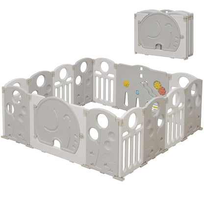 Baby Playpen, 14-Panel Foldable Play Pen for Babies and Toddlers, Indoor Outdoor Baby Fence with Sensory Play Panel, Adjustable Shape Activity Play Center, Portable & Easy Assemble
