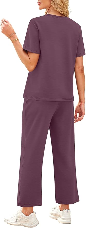 WIHOLL 2 Piece Sets for Women Casual Summer Travel Vacation Outfits Short Sleeve Wide Leg Crop Pants Lounge Sets