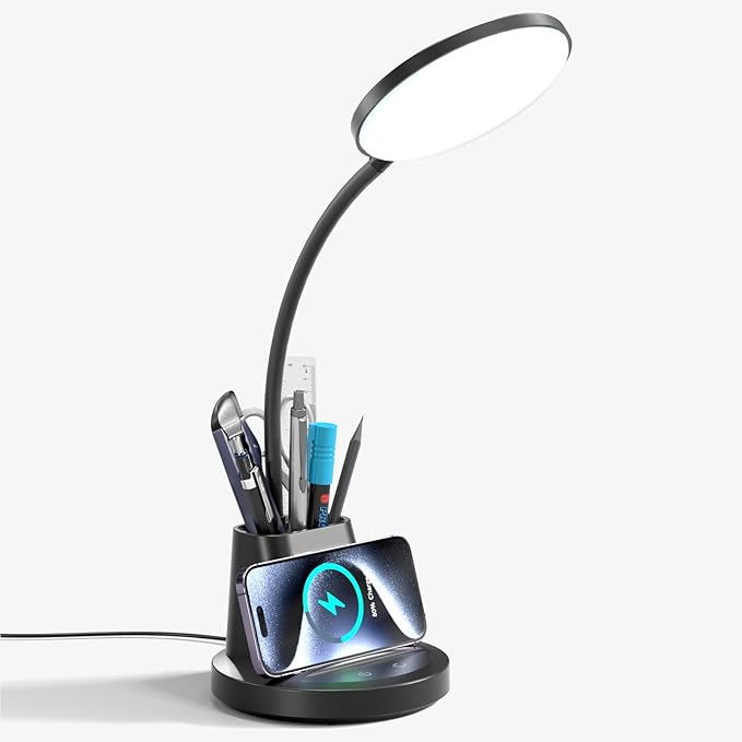 comzler LED Desk Lamp with Wireless Charger Pen Phone Holder, Black Desk Lamp for Home Office, Dimmable Desk Light 3 Color Modes, College Dorm Study Lamp for College Dorm, CRI 90 800 Lumen