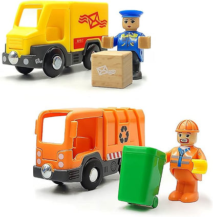 DSHMIXIA Garbage Mail Truck Small Toys Cars for 3 5 Year Old Boys Magnetic Couplings City Vehicle for Wood Train Set for Children Inside Outside Toys (City Set)