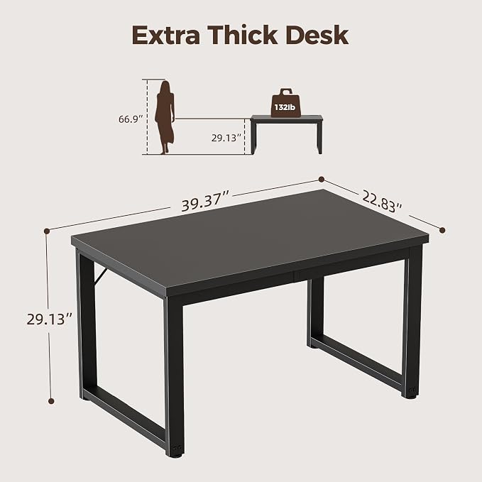 Mericonia 40 Inch Computer Desk, 1.2" Thick Small Office Table, Black | Modern Simple Style, Heavy Duty Industrial Frame, Small Study & Writing Table for Home Bedroom Work