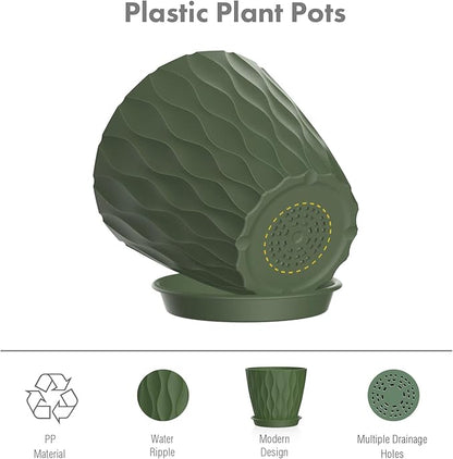 4 inch Small Plastic Nursery Pots, Seedling Pots, 5 Set Water Ripples Plant Pots for Indoor Plants, Flower Pots with Drainage Holes and Saucers, Seed Starter Pots for Succulent, Colorful