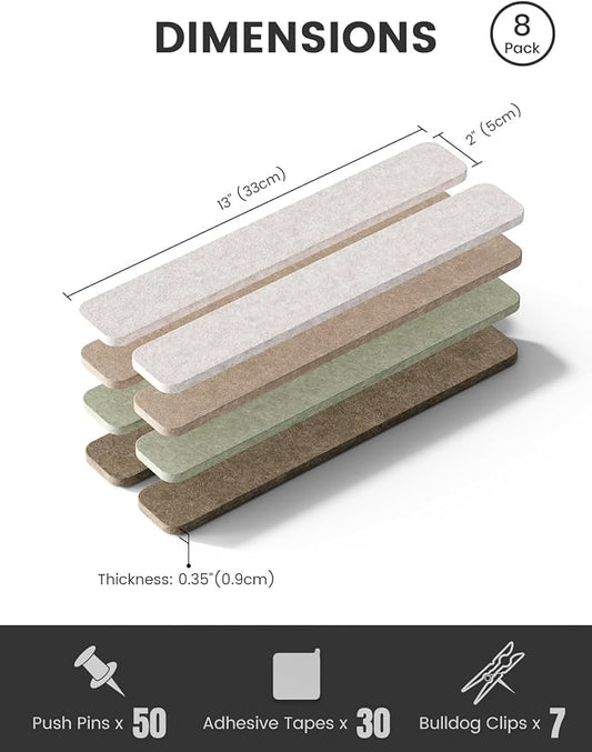 Fluxynara 13" x 2" Felt Wall Panels, Linen Dusk | 8-Pack Includes 50 Push Pins and Adhesive Tabs for Photos, Notes and Decor in Bedroom Doors, Home Office or Studios