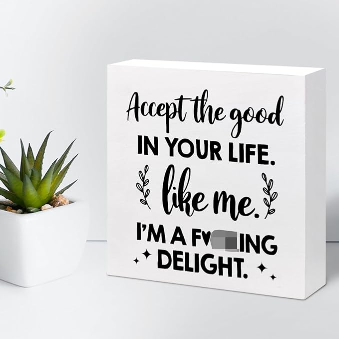 Accept the Good in Your Life Like Me I'm a Delight Wood Box Sign Desk Decor,Funny Positive Quote Wooden Block Plaque Sign for Home Office Shelf Table Decorations