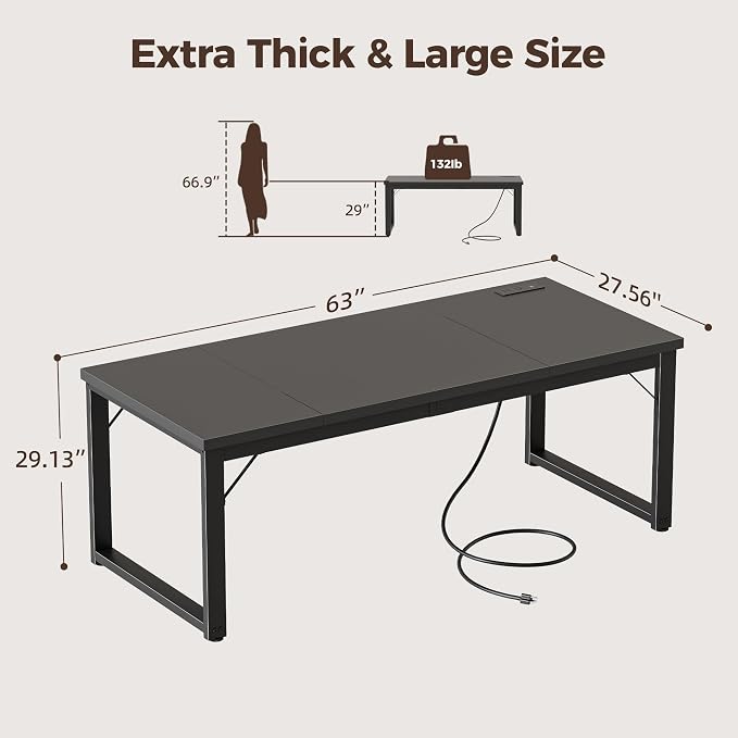 Mericonia 63x28 Inch Computer Desk w/Power Outlets, 1.2" Thick Office Table | Modern Simple Style, Heavy Duty Industrial Frame, Large Study & Writing Table for Home Bedroom Work, Black