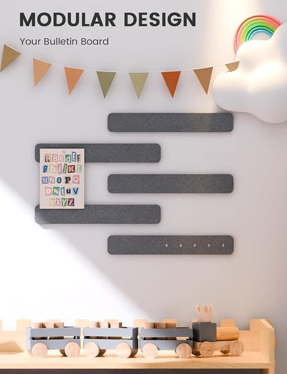 Fluxynara 13" x 2" Felt Wall Panels, Charcoal Gray | 5-Pack Cork Board Alternative with 35 Push Pins, Adhesive Mounting for Bedroom Door or Home Office