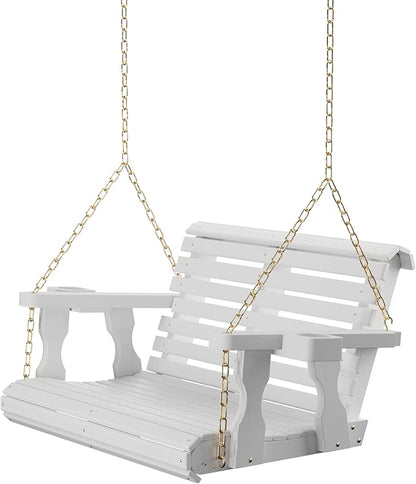 Amish Casual 3 Foot Roll Back Porch Swing with Cup Holders in Semi-Solid White Stain - Amish Made in The USA from Treated Pine Heavy Duty 700 Lb. Weight Capacity