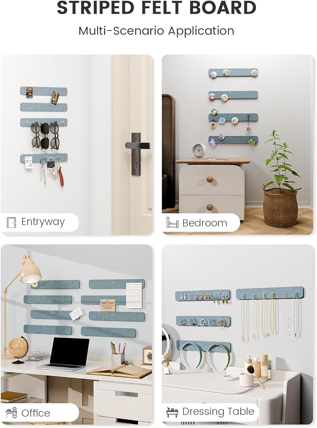 Fluxynara 13" x 2" Felt Wall Panels, Dusty Blue | 8-Pack Includes 50 Push Pins and Adhesive Tabs for Photos, Notes and Decor in Bedroom Doors, Home Office or Studios