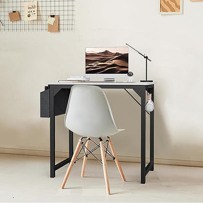 SMUG Computer Desk 32 Inch Home Office Writing Wood Storage Bag & Headphone Hook Small Spaces Simple Bedroom Work Study Kids Table, White