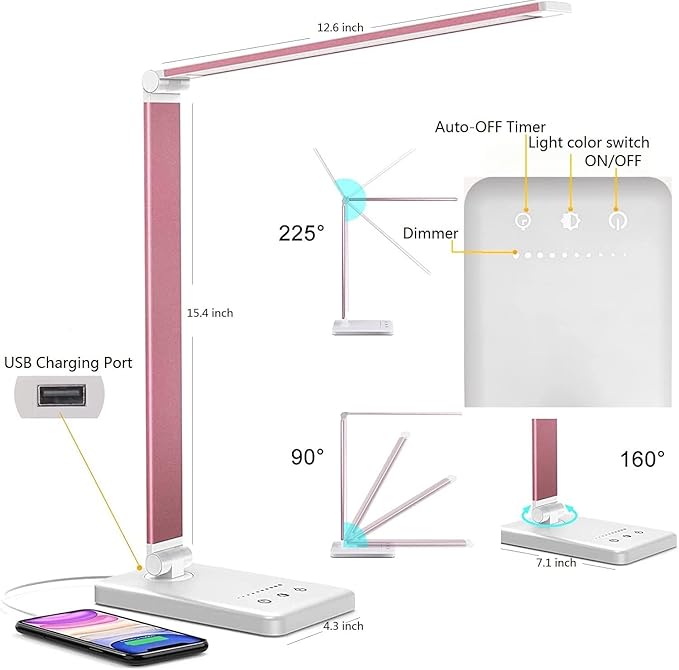 LED Desk Lamp Dimmable Table Lamp Reading Lamp with USB Charging Port, 5 Lighting Modes, Sensitive Control, 30/60 Minutes Auto-Off Timer, Eye-Caring Office Lamp (Pink)