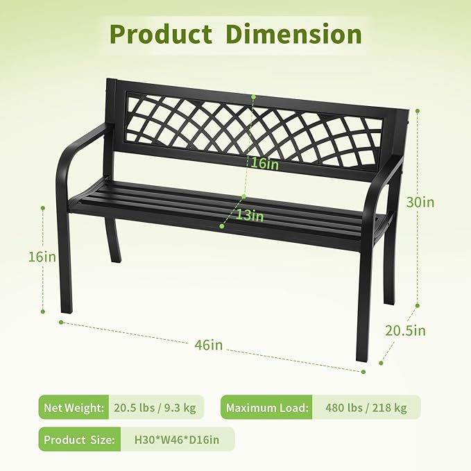 Garden Bench,Outdoor Benches,Iron Steel Frame Patio Bench with Mesh Pattern and Plastic Backrest Armrests for Lawn Yard Porch Work Entryway,Black