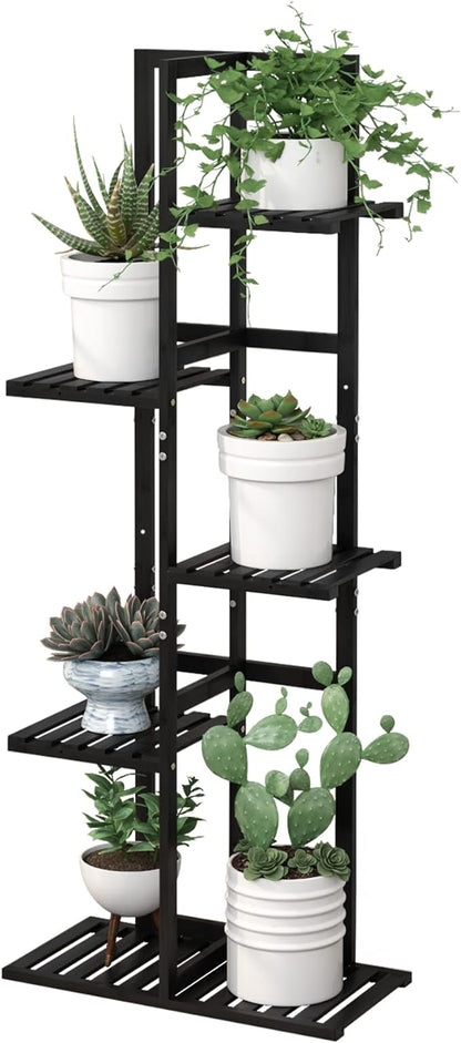 Laiensia 5 Tier Bamboo Plant Stand Rack 6 Potted Multiple Flower Pot Holder Shelf, Indoor&Outdoor Planter Display Shelves for Patio Garden, Living Room, Corner Balcony and Bedroom,Black