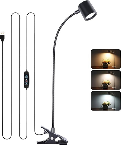 Dott Arts Desk Lamp,USB Clip On Light with 3 Color Modes,LED 10 Levels Brightness Reading Light, 360°Gooseneck Book Light,Eye-Care Reading Lamp for Home Office,Headboards Black