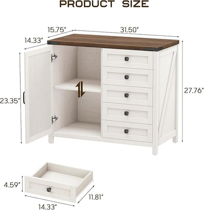 Halitaa 5 Drawer Storage Cabinet, Office Storage Cabinet with Door and Adjustable Shelf, Large Farmhouse Printer Stand for Home Office, Rustic White