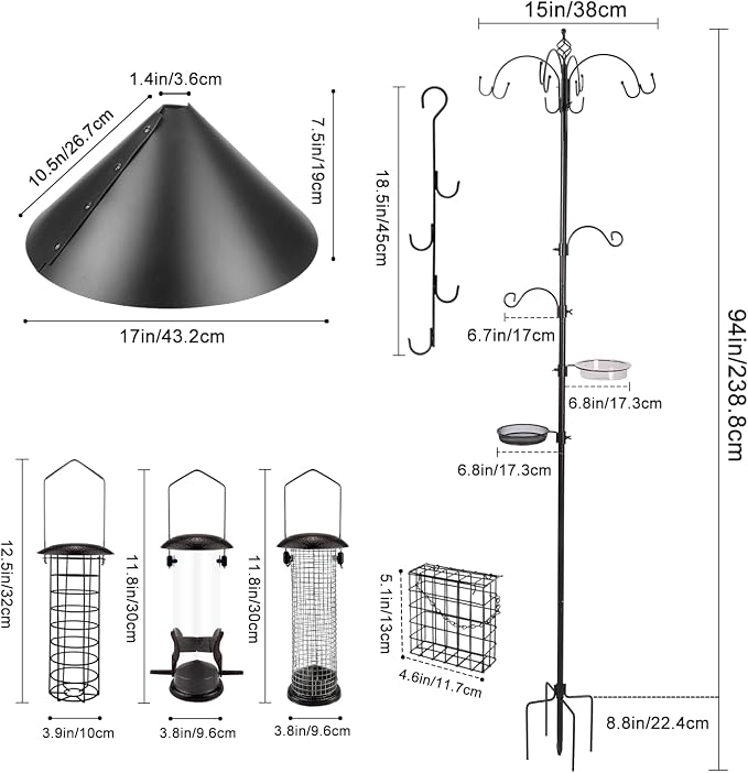 Deluxe Bird Feeding Station Kit Bird Feeder Pole with Squirrel Baffle, Suet Cage, Bath Tray for Planter Hanger - Wildlife-Friendly Design