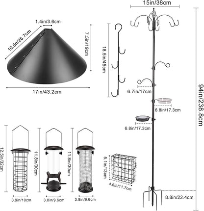 Deluxe Bird Feeding Station Kit Bird Feeder Pole with Squirrel Baffle, Suet Cage, Bath Tray for Planter Hanger - Wildlife-Friendly Design