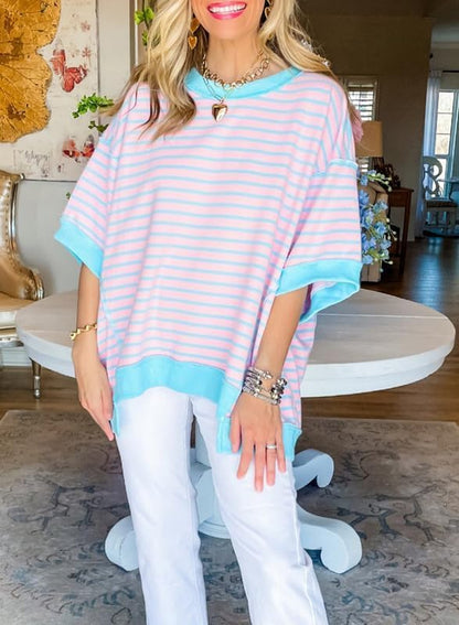 SHEWIN Womens Tops Casual Short Sleeve Sweatshirt Crewneck Striped Shirt Pullover T Shirts Loose Blouses
