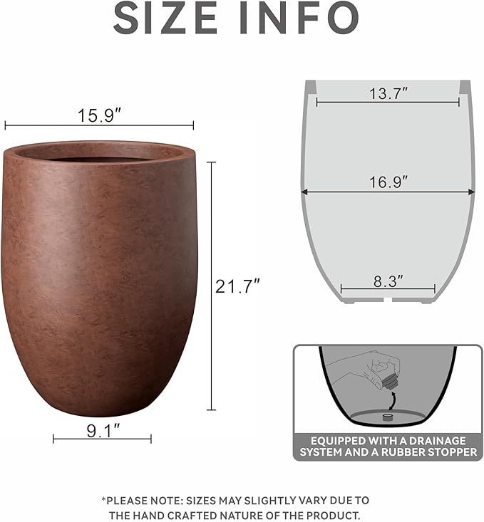 Kante 21.7" H Rusty Tall Planter, Large Outdoor Indoor Decorative Pot with Drainage Hole and Rubber Plug, Modern Round Style for Home and Garden