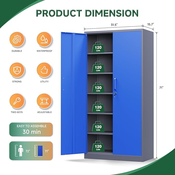 Letaya Metal Garage Storage Cabinets with Lock Door and Adjustable Shelves, Steel Tool Cabinets for Home,Office,Warehouse Organisieren (Blue Gray)