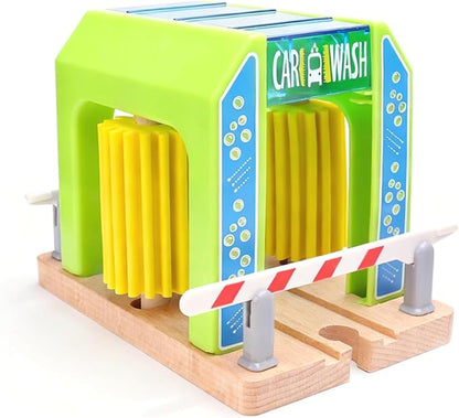 Car Wash Toy for Wooden Train Set Accessories,Wooden Train Washing Station Playset for Toddlers,Compatible with Thomas, Brio, Chuggington