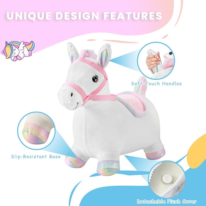Hopper Toy 2 Year Old Boy, Toddler Plush Bounce Animals, Ride on Bouncing Plush Inflatable Horse, Outdoor Indoor Hopping Horse Bouncer, Birthday Gifts for 18m -5 Years Old Kid (White)