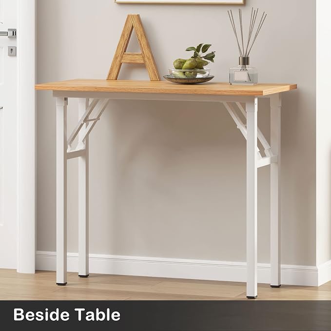 Need Small Computer Desk 31.5 in Folding Home Office Table Teak | White Frame Writing Gaming Work Table/Sturdy Foldable Study Table for Small Space/Dormitory, No Assembly Required