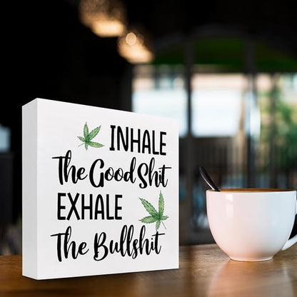 Funny Office Wood Sign,Inhale Exhale Meditation Quote Wood Block Sign Desk Decor,Funny Wooden Box Plaque Sign Desk Decor for Home Yoga Room Meditation Space Shelf Table Decorations